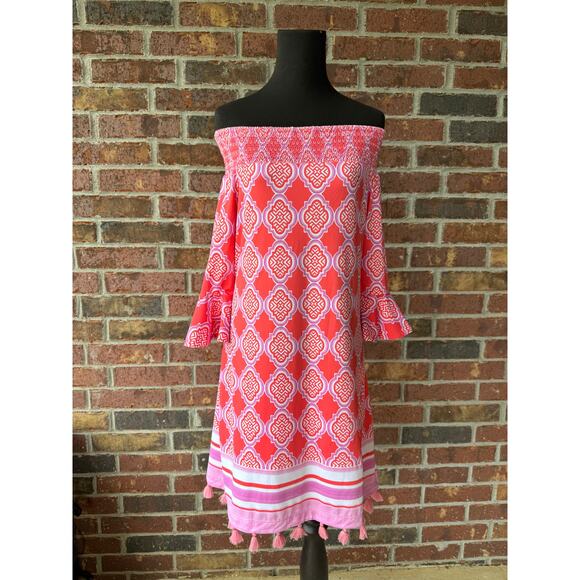 Cabana Life Dresses & Skirts - NWT Cabana Life Coral Geo Off The Shoulder Dress - Cover Up Beach UPF 50+ - S